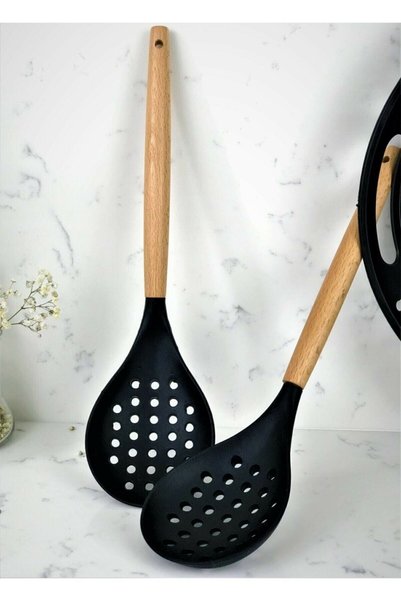 GalleonHome 9 Piece Bamboo Handle Silicone Ladle Spatula Kitchen Set Black