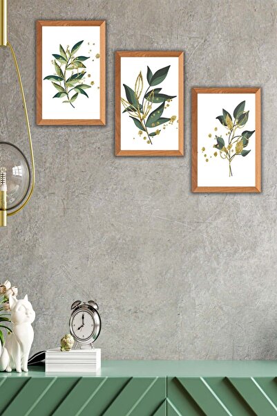 no77decor 3 Parça Bohem Tarzı Yaprak Ahşap Çerçeve Görünümlü Tablo Seti