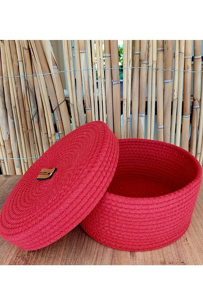 HandmadeSNM Multi-Purpose Natural Organizer Basket with Red Lid