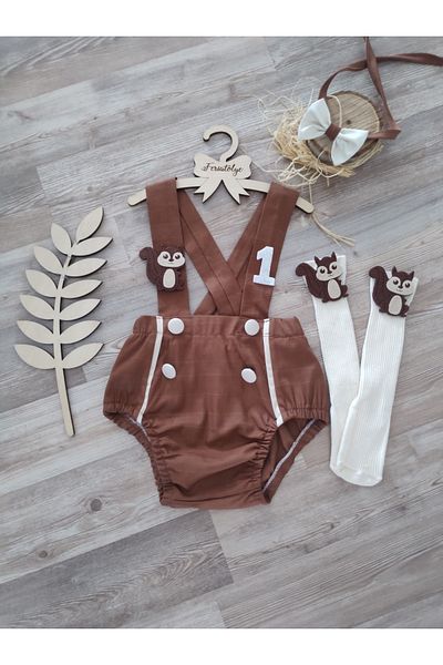 Feriatolye Squirrel Concept Birthday Costume Checked Brick Color Salopette
