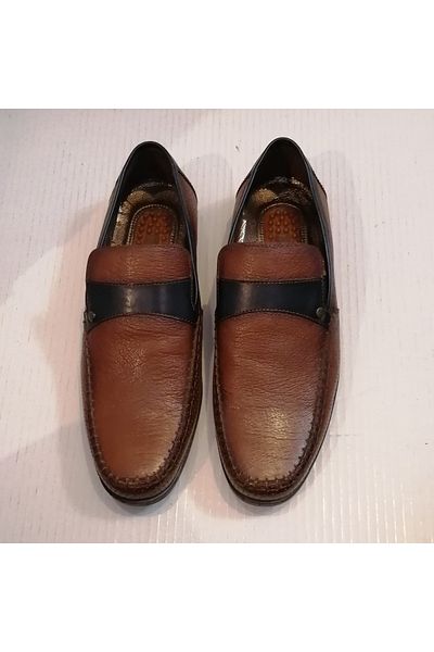 LUCIANO BELLINI Unisex Genuine Leather Tan Antique Navy Blue Banded Hand Stitched Flexible Rubber Sole Loafer