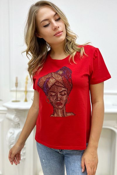 RICH GLAM Crystal Stoned Cotton Short Sleeve Crew Neck Large Size Red Women's T-shirt