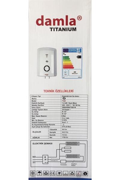 Damla Titanium Elektrikli Şofben - Ani Su Isıtıcı Şohben - Banyo Şofbeni 7500w
