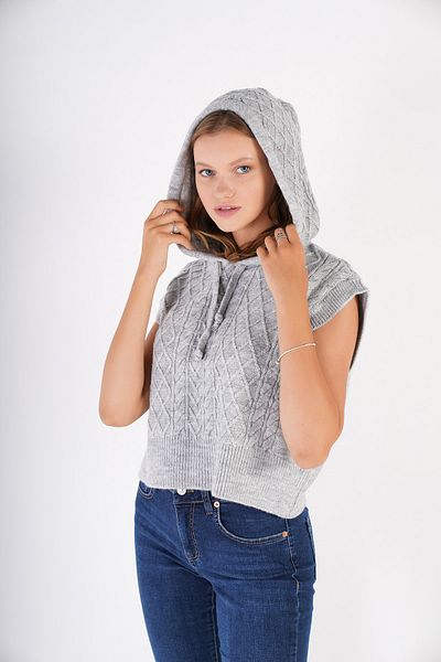 Trist Star Women's Gray Hooded Oversize Wool Sweater Knitted Knitwear Trist-6131