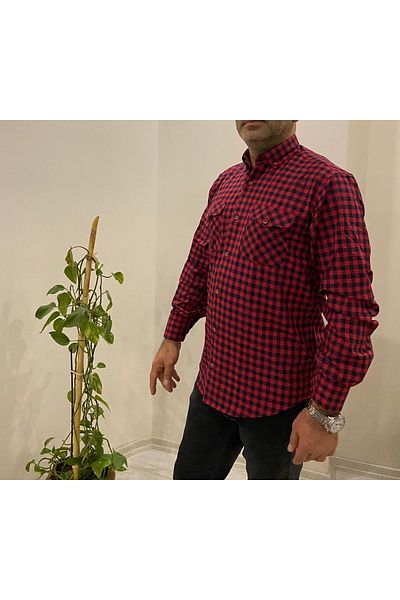 BENESSE Wide Cut Red Navy Blue Checkered Pattern Long Sleeve Shirt