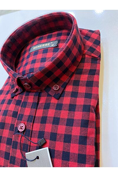 BENESSE Wide Cut Red Navy Blue Checkered Pattern Long Sleeve Shirt