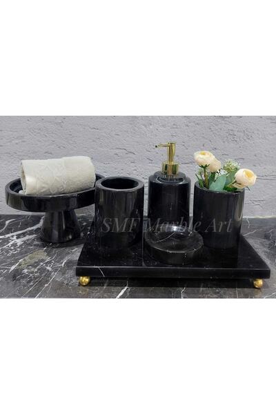 Sümeyra Marble Art Sapphire Black - Doğal Siyah Mermer Banyo Seti | 6li | Bon...