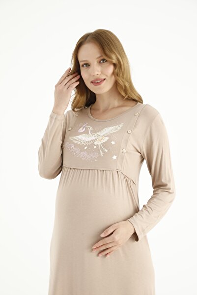 Miss Dünya Lissa Kahverengi Kadife Sabahlıklı Uzun Kol Hamile Ve Lohusa Gecelik Takımı