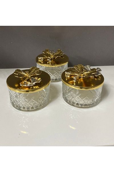 Elzemm store Decorative 3-Piece Glass Dessert Bowl with Gold Lid, Snack Bowl, Luxury Presentation