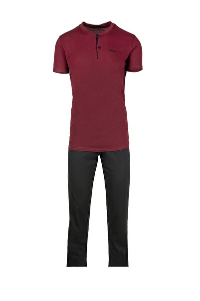 BSM Erkek Bordo Modal Pamuk Kısa Kollu Düğmeli Yazlık Pijama Takımı