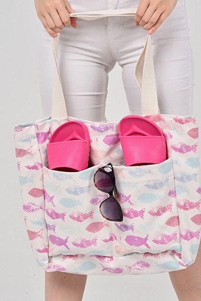 ICONE BAG Geantă de damă, geantă de umăr din pânză imprimată, geantă de plajă din pânză cu model de pește colorat, geantă de pânză