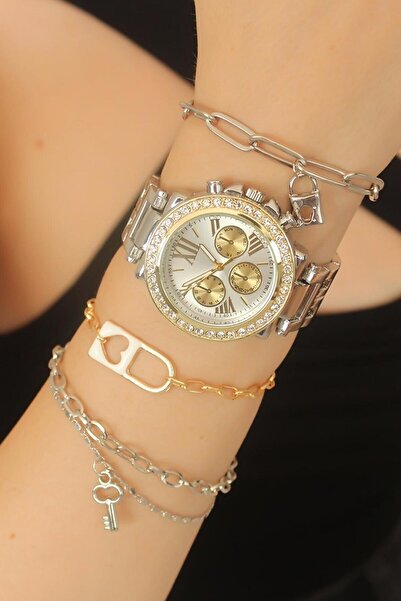 İSTLİV ساعة يد نسائية كلاسيكية من الفولاذ الفضي والذهبي مرصعة بالأحجار