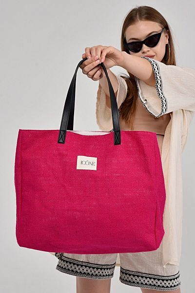 ICONE BAG Fuchsia Color Women's Bag, Women's Straw Hand and Shoulder Bag, Straw Bag, Linen Bag, Straw Bag
