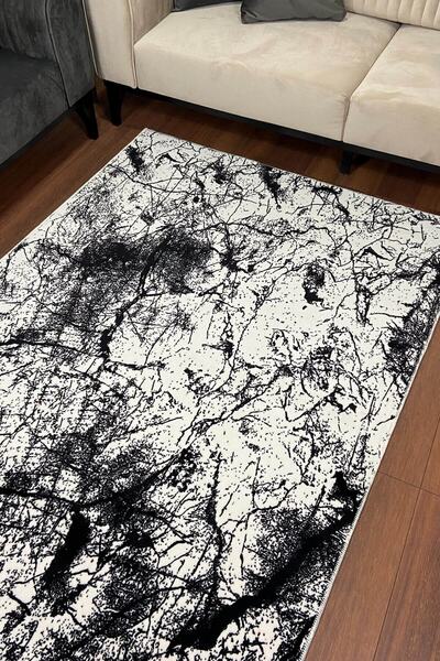 SULTAN HALI Beyaz Üzerine Siyah Desenli Kaymaz Yıkanabilir Halı