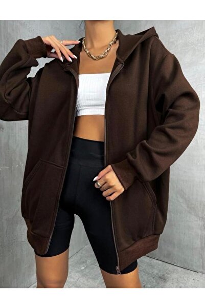 AFROGİYİM Women's Oversized zip up hooded cardigan jacket