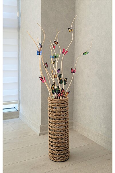 Asenya Hasır Örgü Vazo 60 Cm Çiçeklik Yapay Çiçek Vazosu Dekoratif Saksı