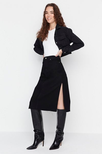 Trendyol Collection Černá midi džínová sukně s vysokým pasem TWOAW23ET00284