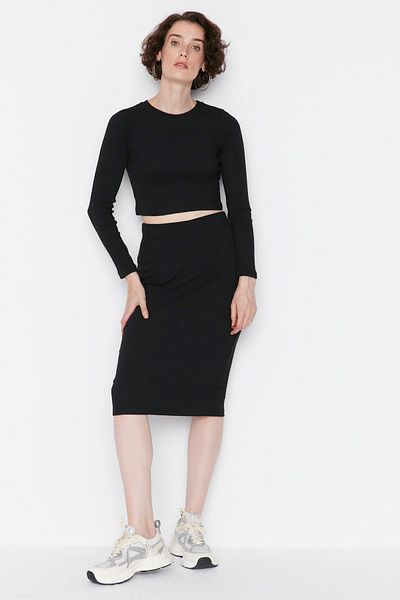 Trendyol Collection Fekete Crop Crew Neck bordázott, rugalmas kötött felső és alsó készlet TWOAW22AU0496