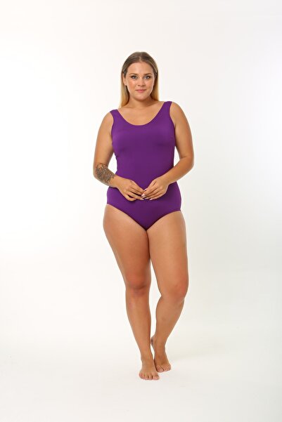 Swana Büyük Beden Geniş Askılı Mor Toparlayıcı Kadın Mayo