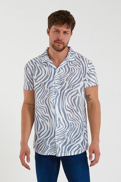 ADEGO Men's Gray Short Sleeve Cotton Zebra Patterned Slim Fit Open Collar Shirt
