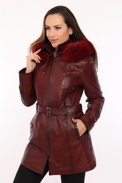 Derimont's Genuine Leather Claret Red Belted Fur Women's Jacket