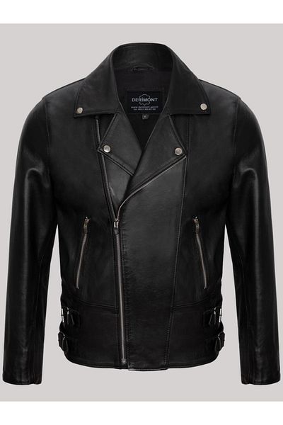 Derimont's Genuine Lambskin Black Men's Leather Coat Side Zipper Waist Belt Leather Jacket