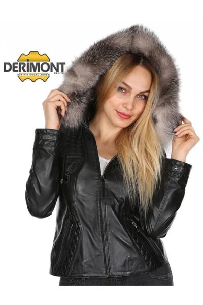 Derimont's Genuine Lambskin Black Hooded Furry Sleeve Embroidered Women's Lea...