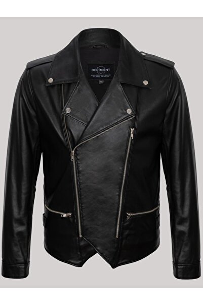 Derimont's Hakiki Kuzu Derisi Siyah Erkek Deri Mont Yandan Fermuarlı Mono Yaka Deri Ceket