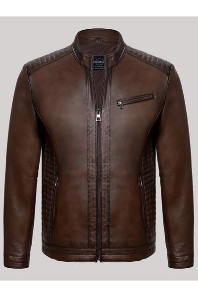Derimont's Genuine Leather Brown Men's Leather Coat Straight Line Patterned Side Pocket Zippered Leather Jacket