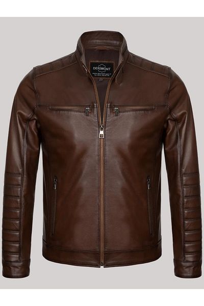 Derimont's Genuine Lambskin Brown Men's Leather Coat Handles Embroidered Leather Jacket