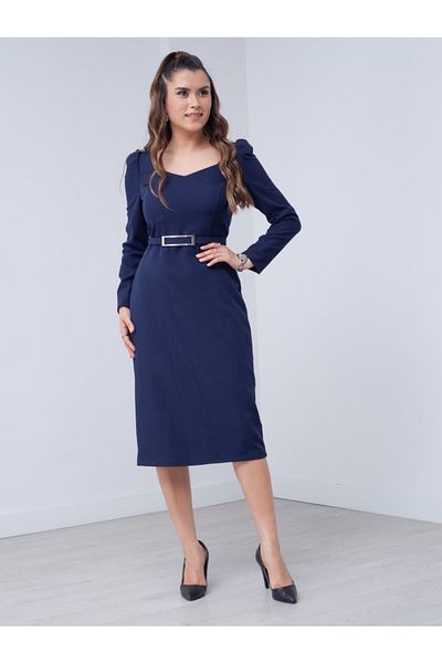 giyimmasalı Atlas Fabric Heart Collar Belted Dress - Navy Blue