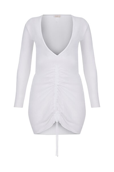 AQUELLA Channel Gathered White Beach Dress