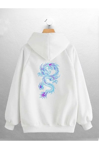 Joza Outdoors Sweat oversize alb cu imprimeu dragon unisex pentru femei și bărbați