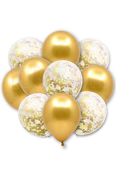 Huzur Party Store 20 Pieces 30 cm - Gold Confetilli Transparent and Sequined Metallic Balloon Set