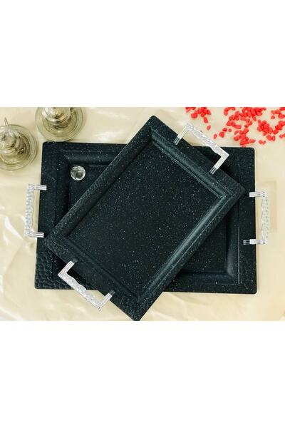 ÖZBURAK Granit Siyah 2'li Ikramlık Sunumluk Çay Ve Servis Tepsisi