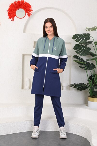 WestBound Mint Lacivert Tesettür Kap Jogger Spor Takım 3 Renk Kapüşonlu