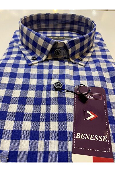 BENESSE Μακρυμάνικο πουκάμισο με φαρδιά κοπή μπλε λευκό σκακιέρα