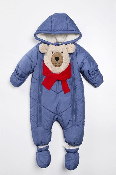PODİUM GİYİM Cute Bear Patterned Winter Cosmonaut Jumpsuit with Removable Feet and Hidden Gloves Hooded (blue)