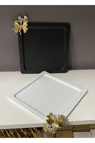 Elzem Decorative Black and White Color 2 Serving Tray Dot Patterned Model