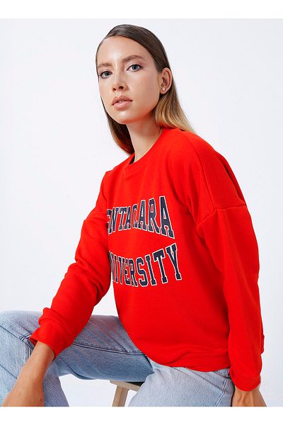 LİMON COMPANY Lemon Rundhals bedrucktes rotes Damen Sweatshirt Melan