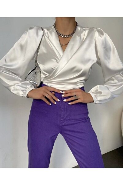angel stayl Angel Beyaz Saten Bağlamalı Kadın Gömlek