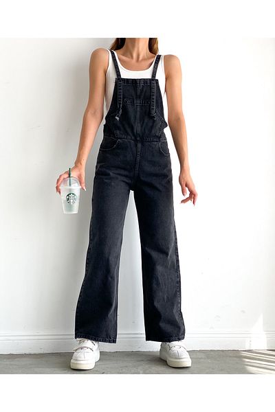 Fav Style Women's Wide Leg Denim Gardener Overalls Anthracite