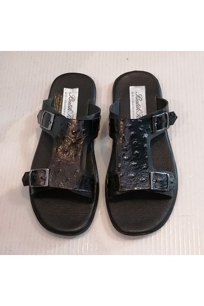 Butik Tülin شبشب من الجلد الطبيعي بطبعة طائر الجمل باللون الأسود بإبزيم مزدوج ونعل مطاطي مرن للجنسين