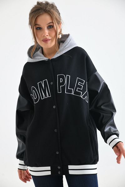VOLT CLOTHİNG Unisex Complex Κεντημένο μανίκι Λεπτομέρεια με κουκούλα College Jacket - μαύρο