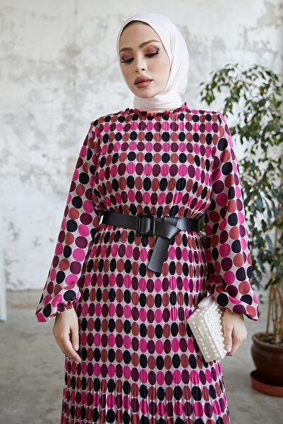 InStyle Nerisa Puantiyeli Kemerli Şifon Elbise - Gül Kurusu