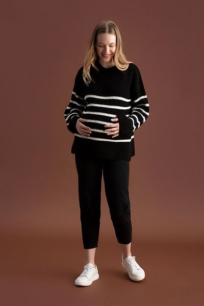 DeFacto Regular Fit Striped Crew Neck Slit Knitwear Maternity Sweater