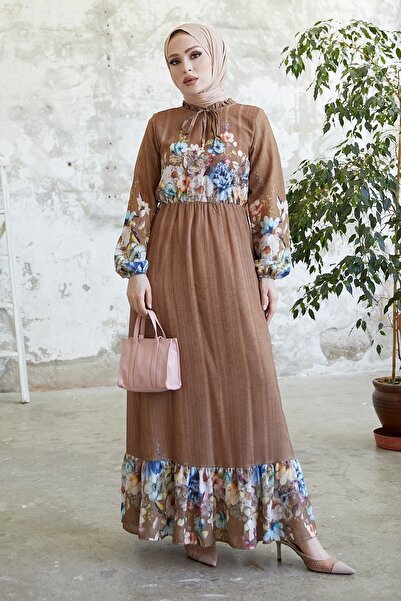 InStyle More Çiçekli Şifon Elbise - Taba