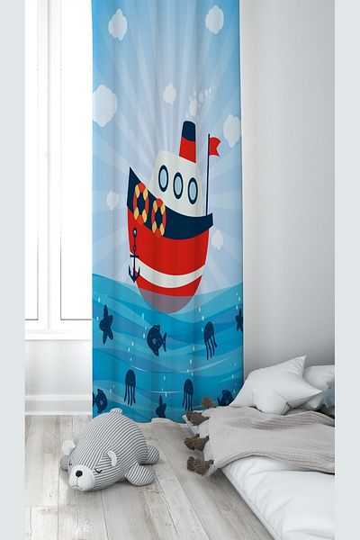 on the clouds Blue Ship Pattern - Washable Printed Baby Room Background Curtain