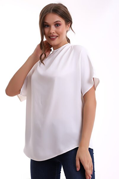 GLAMIFY FASHION Drapeli Yuvarlak Yaka Kısa Kol Fermuar Kapamalı Geniş Kesim D...