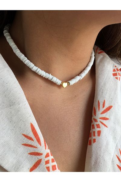 DGN Shoping White Fimo Bead Gold Heart Detailed Necklace